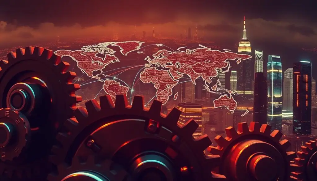 A detailed, hyperrealistic digital illustration depicting the evolution of Google's search algorithm. In the foreground, a series of gears and cogs representing the core components of the algorithm, turning and shifting over time. In the middle ground, a stylized world map with data streams flowing across continents, symbolizing the global reach and impact of the algorithm updates. In the background, a futuristic cityscape with skyscrapers and glowing holograms, suggesting the ever-changing technological landscape that the algorithm must adapt to. Warm, muted lighting casts a pensive, contemplative mood over the scene. Captured with a high-resolution wide-angle lens to convey a sense of scale and complexity.