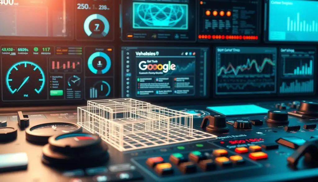 A high-tech control panel displaying intricate web analytics, server diagnostics, and SEO metrics. The foreground features an array of interactive gauges, charts, and digital readouts providing real-time insights into website performance, search engine rankings, and technical optimization. The middle ground showcases a 3D wireframe model of a website structure, highlighting its architecture and interconnected elements. In the background, a holographic projection of a search engine results page offers a visual representation of how the website is perceived by Google and other platforms. Sleek, futuristic lighting casts an atmospheric glow, creating a sense of technological sophistication. The overall mood is one of precision, control, and the unraveling of the complex inner workings that drive effective search engine optimization.